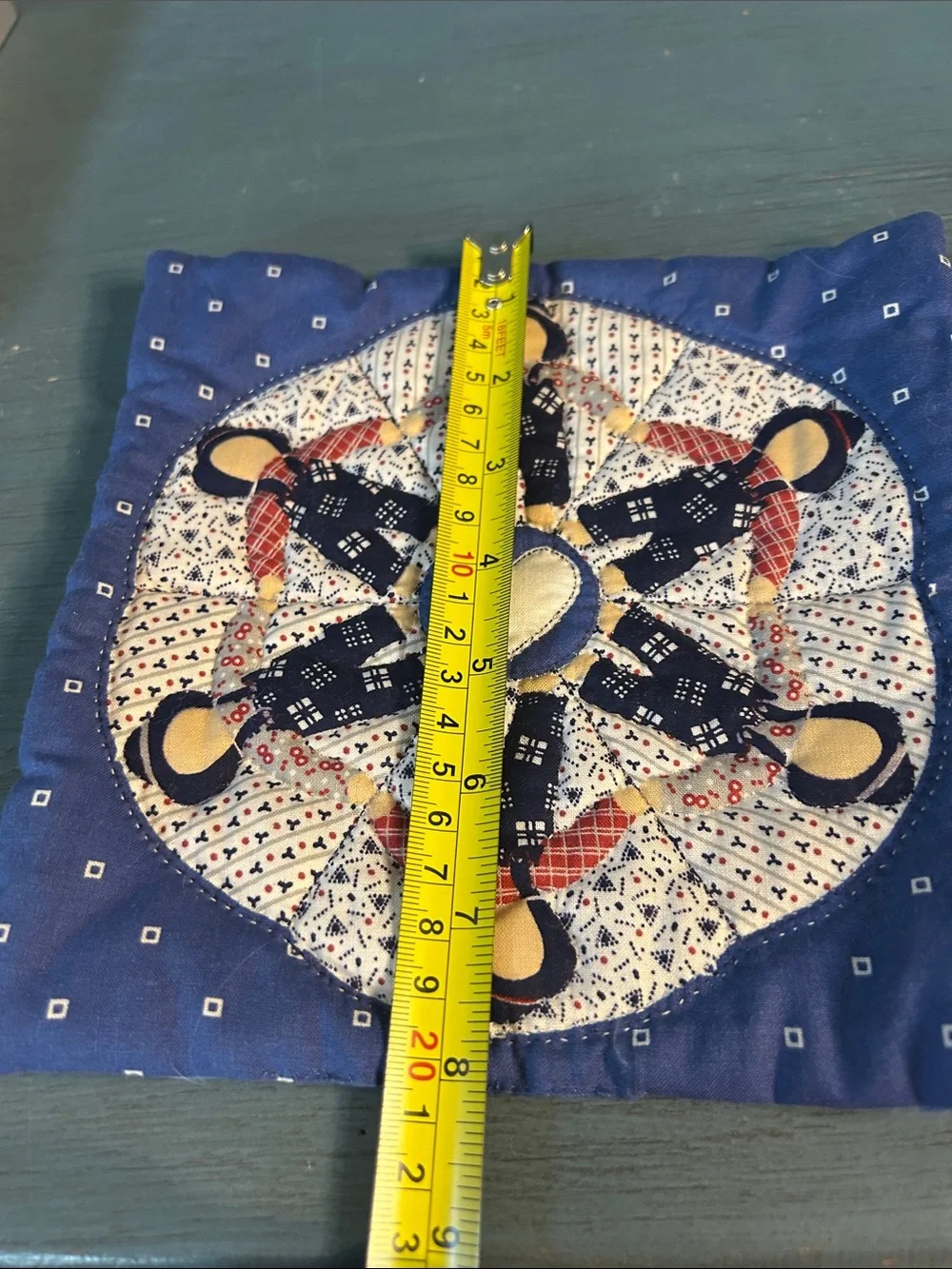 Handcrafted Blue Quilted Pot Holder with Heart Medallion | Farmhouse/Country 8x8